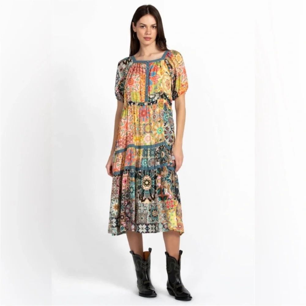 Johnny Was Kaleida Zenovia Silk Patchwork Midi Dress Size L Boho Tiered - Picture 6 of 14